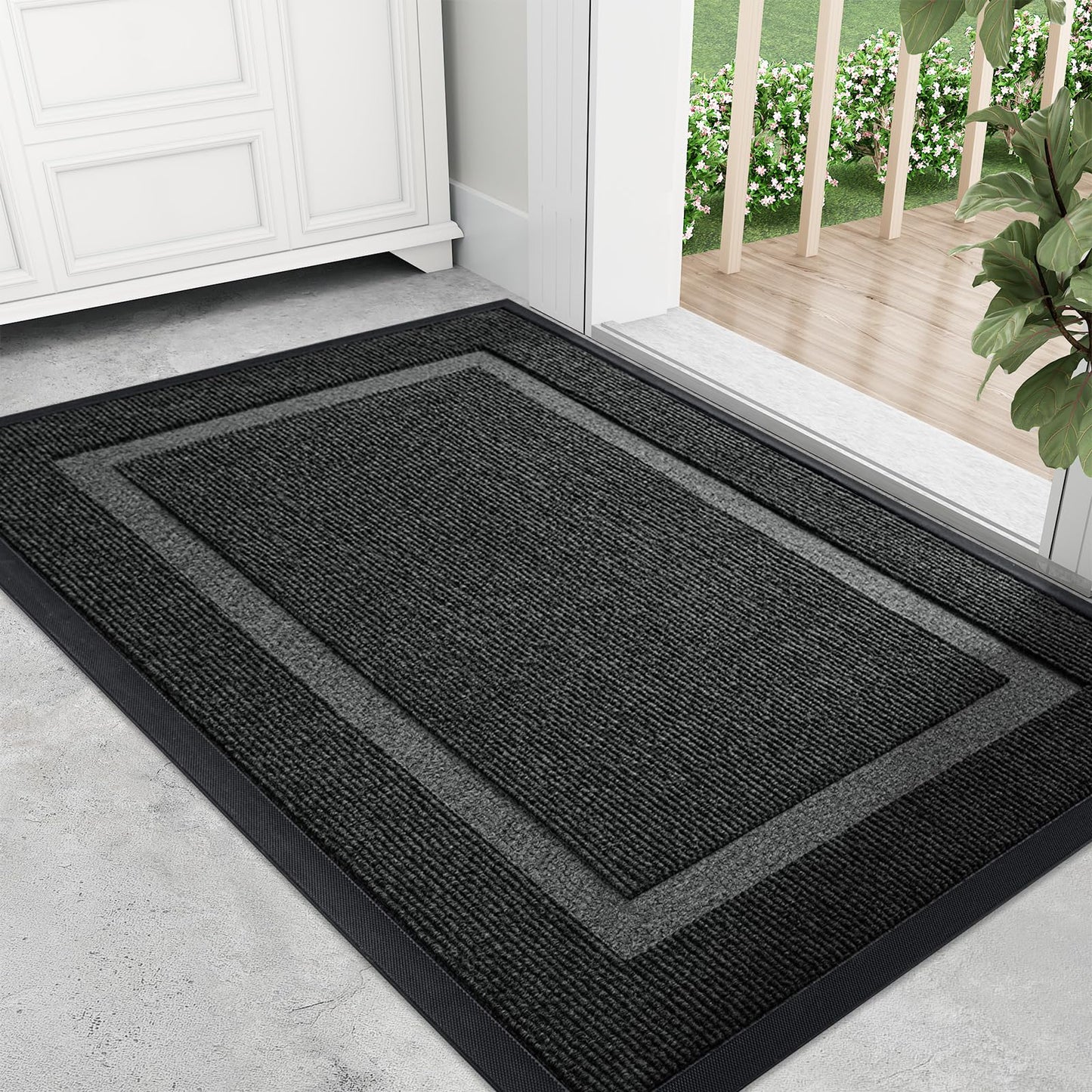 OLANLY Front Door Mat Indoor Outdoor Entrance, Waterproof All-Season, All-Weather Doormat, Durable Natural Rubber, Fade Resistant, Low Profile, Easy Clean Patio Porch Entryway Mat, 29.5x17, Black