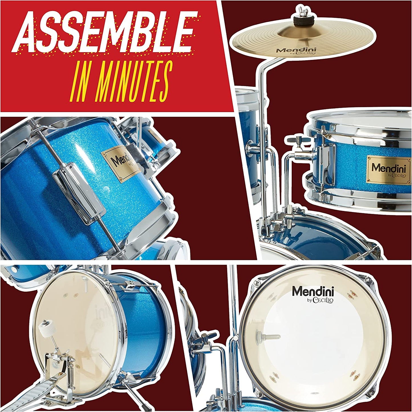 Mendini By Cecilio Kids Drum Set - Junior Kit w/ 4 Drums (Bass, Tom, Snare, Cymbal), Drumsticks, Drum Throne - Beginner Drum Sets & Musical Instruments