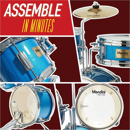 Mendini By Cecilio Kids Drum Set - Junior Kit w/ 4 Drums (Bass, Tom, Snare, Cymbal), Drumsticks, Drum Throne - Beginner Drum Sets & Musical Instruments