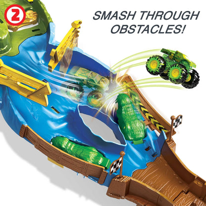Hot Wheels Monster Trucks Wreckin' Raceway with 2 Toy Trucks: Bigfoot & Gunkster, Head-to-Head Race with Obstacles