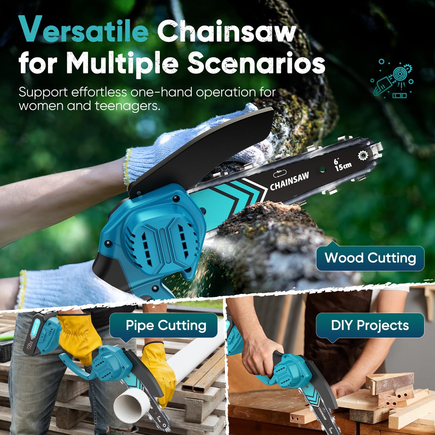 Mini Chainsaw, 6-Inch Chain saw with 2 Pack 2000mAh Batteries, Portable Handheld Chainsaw, Mini Chainsaw Cordless for Wood Cutting Tree Trimming DIY Projects Gardening Camping