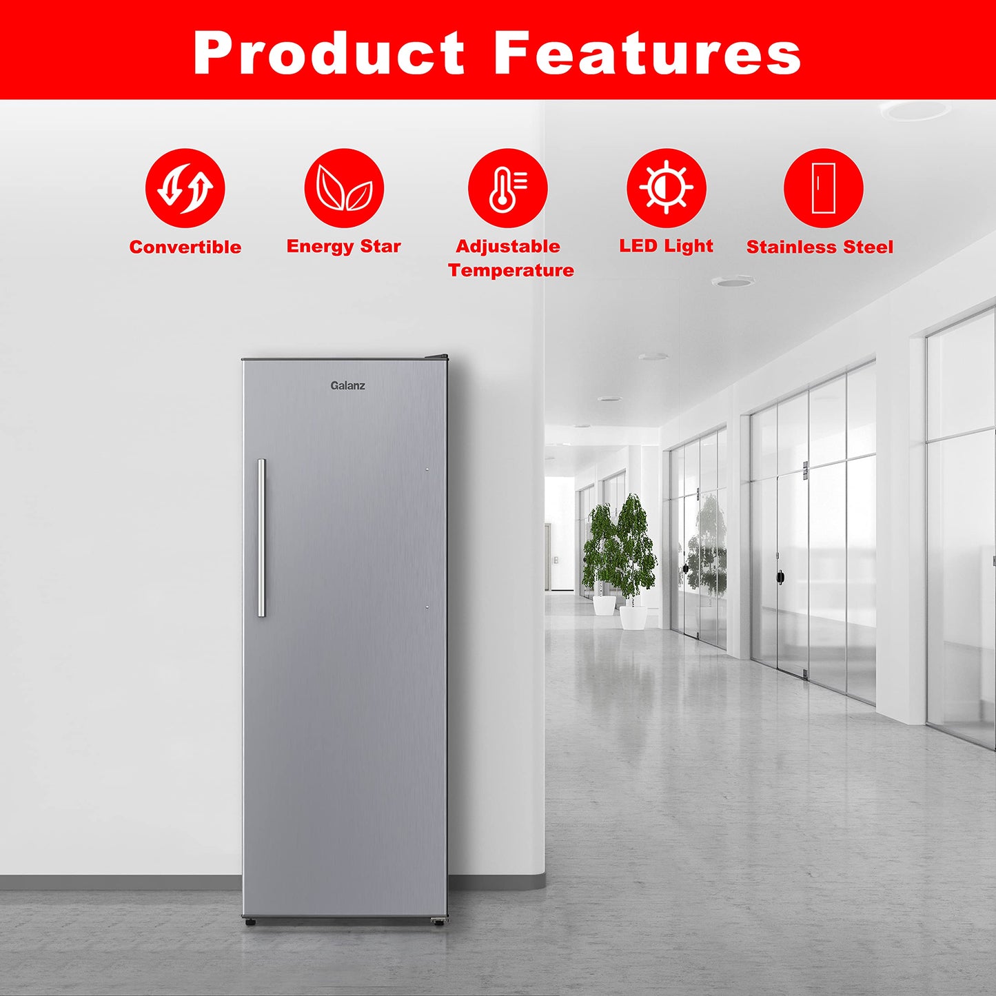 Galanz GLF11US2A16 Upright Temperature Control Convertible Refrigerator/Freezer, Stainless Steel, 11 Cu.Ft