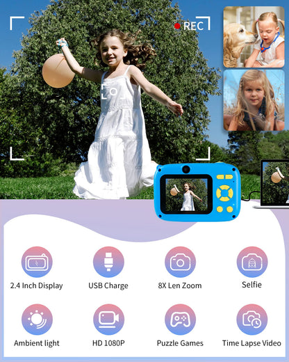 FiliWel Kids Camera, HD Digital Video Camera for Kids 3-9, 2.4 Inch Display Selfie Toddler Camera Toy with 32GB SD Card, Christmas Birthday Gifts for Boys and Girls