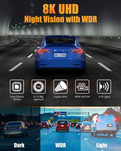 Dash Camera for Cars, 8K Full UHD Dash Cam Front and Rear Inside with App,Car Camera with Free 32GB SD Card,Built-in Wi-Fi GPS,3.16”IPS Screen,170°Wide Angle,WDR,24H Parking Mode,Night Vision