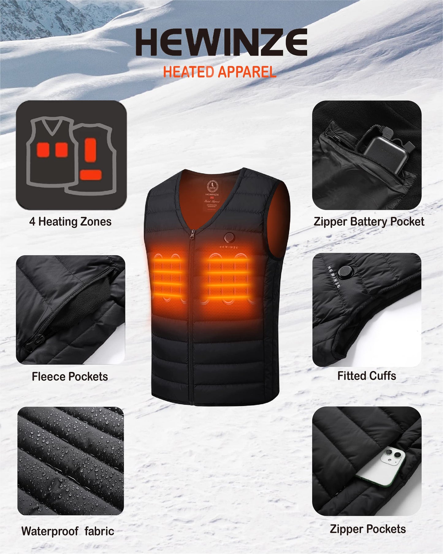 HEWINZE Men's Heated Vest Lightweight V-Neck with Battery Pack 5V,Electric Heating Vest,US Medium, Black