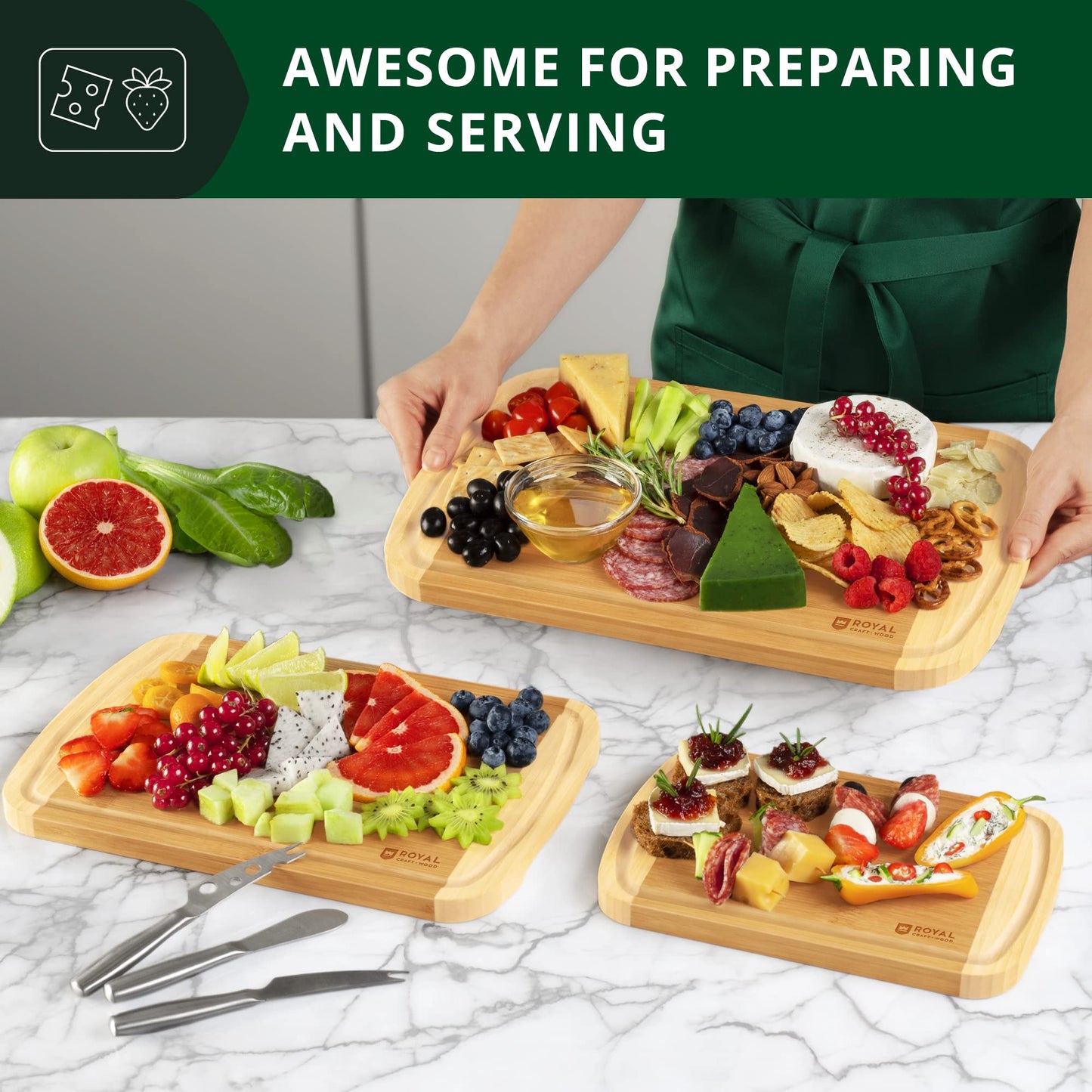 ROYAL CRAFT WOOD Luxury Cutting Boards for Kitchen - Reversible Wood Cutting Board Set, Thick Chopping Board - Wooden Cutting Board Set Bamboo Cutting Board for Meat, (Set of 3)