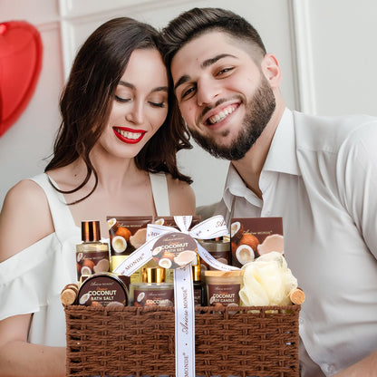 Spa Gift Basket for Women, Coconut Luxury Gift Set with Shower Gel, Bubble Bath, Hand Cream, Bath Soap, Bath Salt, Essential Oil, Luxury Bath and Body Gift Kit for Christmas