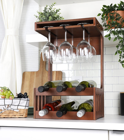 Mind Reader Wine and Wine Glass Rack, Wine Glass Holder, Countertop Bar Organizer, Wood, 13" L x 10.25" W x 20" H, Brown