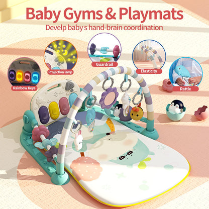 Jovow Baby Gym with Kick and Play Piano,Baby Play Mat Tummy Time Baby Activity Gym Mat with 5 Infant Learning Sensory for Baby, Music and Lights Boy or Girl Gifts for Newborn (Green)