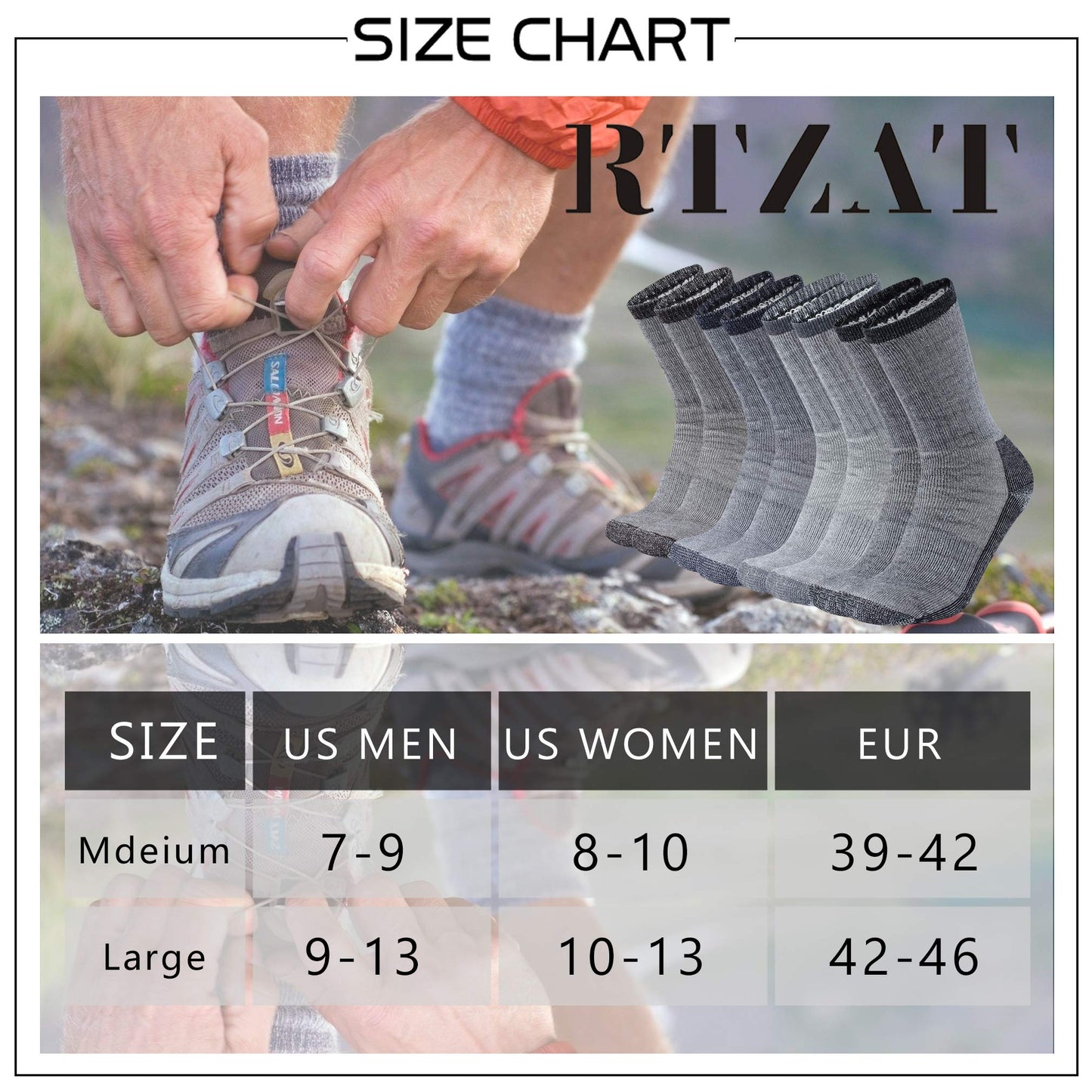 RTZAT Mens 50% Merino Wool Ankle Work Hiking Camping Cushioned Premium Thermal Thick Crew Socks, Medium, 4 Pairs, Black