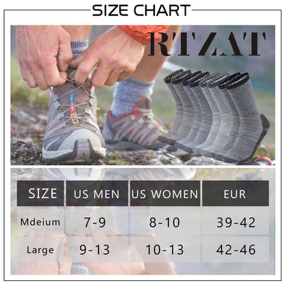 RTZAT Mens 50% Merino Wool Ankle Work Hiking Camping Cushioned Premium Thermal Thick Crew Socks, Medium, 4 Pairs, Black