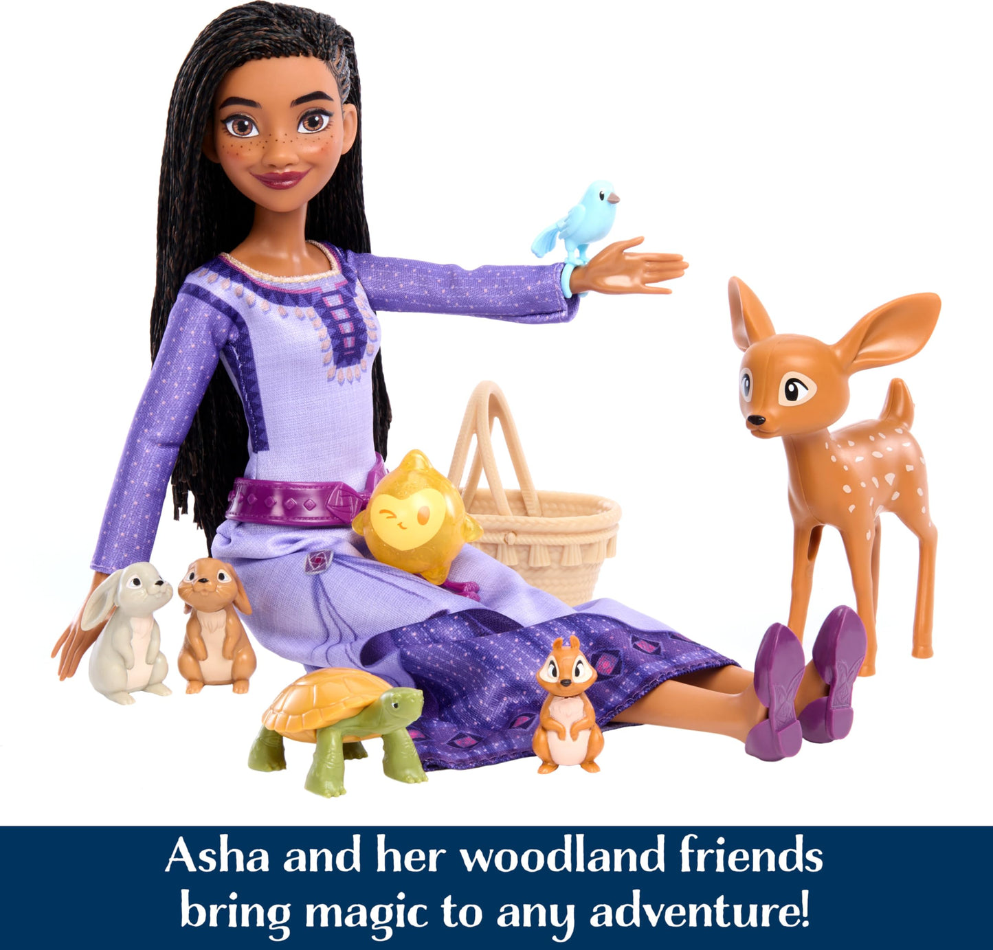 Mattel Disney Wish Doll & Accessories, Woodland Animals of Rosas Surprise Set with Asha Fashion Doll & 6 Surprises Including Animal Friends
