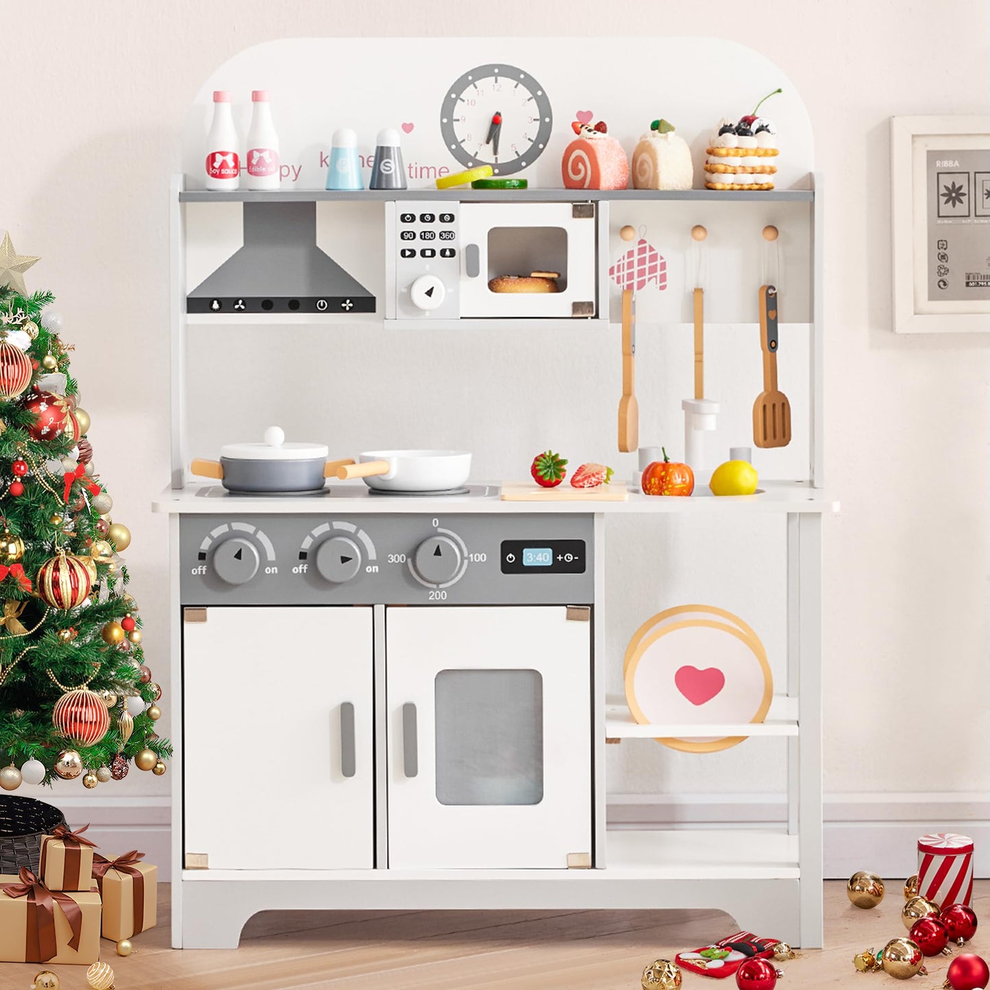 Play Wooden Kitchen Sets for Kids, Toddler Kitchen Playset, Chef Pretend Kitchen with Plenty of Play Features, Toy Kitchen with Toy Food & Cookware Accessories, Gift for Boys Girls