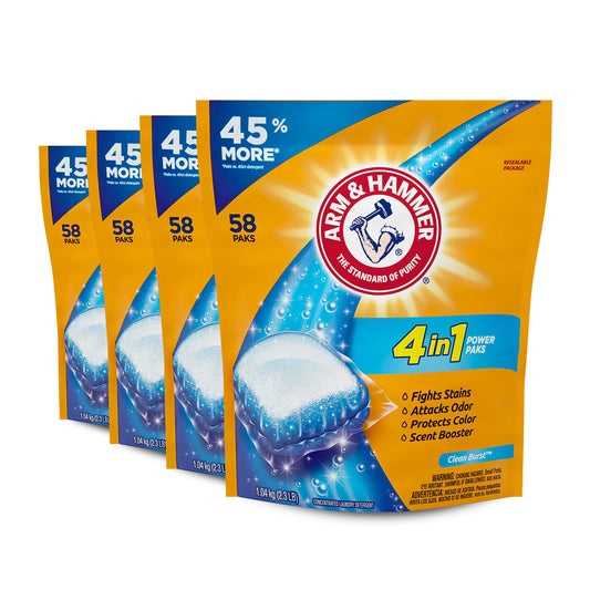 Arm & Hammer 4-in-1 Laundry Detergent Power Paks, Fresh, 58 Count (Pack of 4)