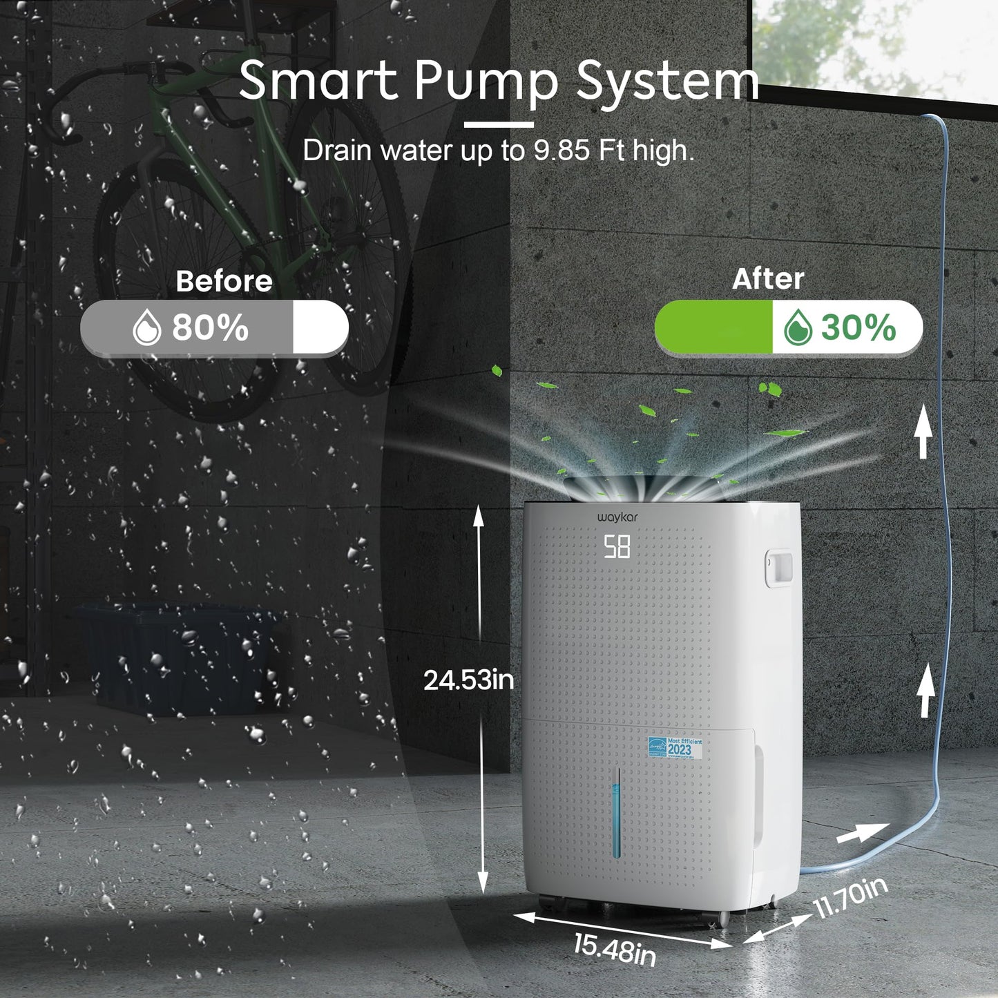 Waykar 150 Pints 7,000 Sq. Ft ENERGY STAR Most Efficient Dehumidifier with Pump for Commercial and Industrial Large Room, Warehouse, Storage, Home, Basement with Drain Hose（JD026CE-150PM）