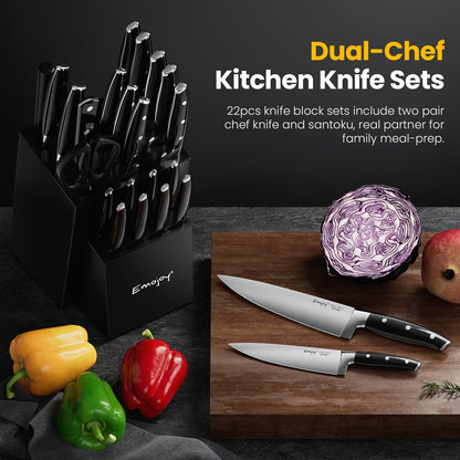 Emojoy 22-Piece Kitchen Knife Set with Block, Include 2-pair Chef Knives, Carving Fork and Sharpener (Dual-Chef Sets)