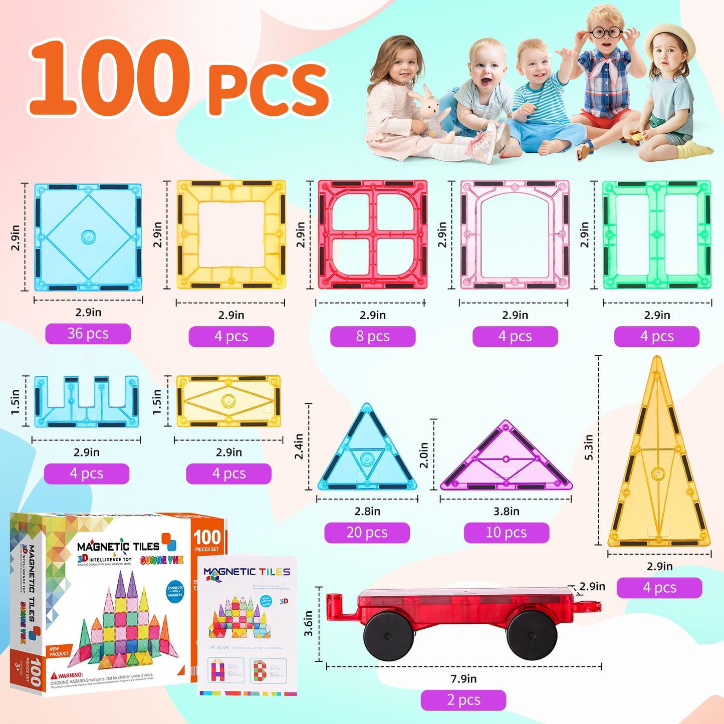 SUNHE YHK 100Pcs Magnetic Tiles Kids Toys STEM Magnet Toys for Toddler Montessori Magnetic Blocks Building Toys Preschool Learning Sensory Creativity Toys for 3+ Year Old Boys and Girls