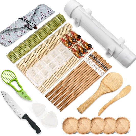 29 PCS Sushi Making Kit,DIY All In One Sushi Bazooka Maker with Bamboo Sushi Mat,Bamboo Chopsticks,Spreader, Sushi Knife,Cotton Bag,Sauce Dishes,Perfect for Beginners and Professionals