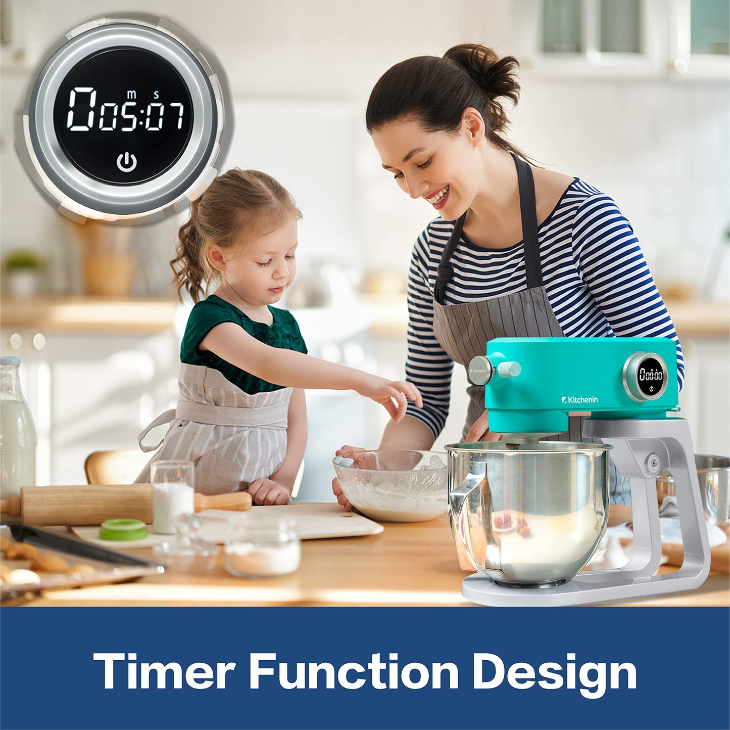 All Metal Stand Mixer,Kitchenin 5.3-Quart 8-Speeds Tilt-Head Food Mixer,400 Watt DC Motor Electric Stand Mixer with 12-Wire Whip,Flat Beater,Stainless Steel Dough Hook & Pouring Shield,Light Blue