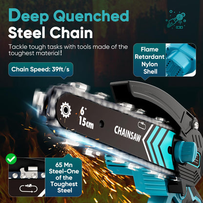 Mini Chainsaw, 6-Inch Chain saw with 2 Pack 2000mAh Batteries, Portable Handheld Chainsaw, Mini Chainsaw Cordless for Wood Cutting Tree Trimming DIY Projects Gardening Camping