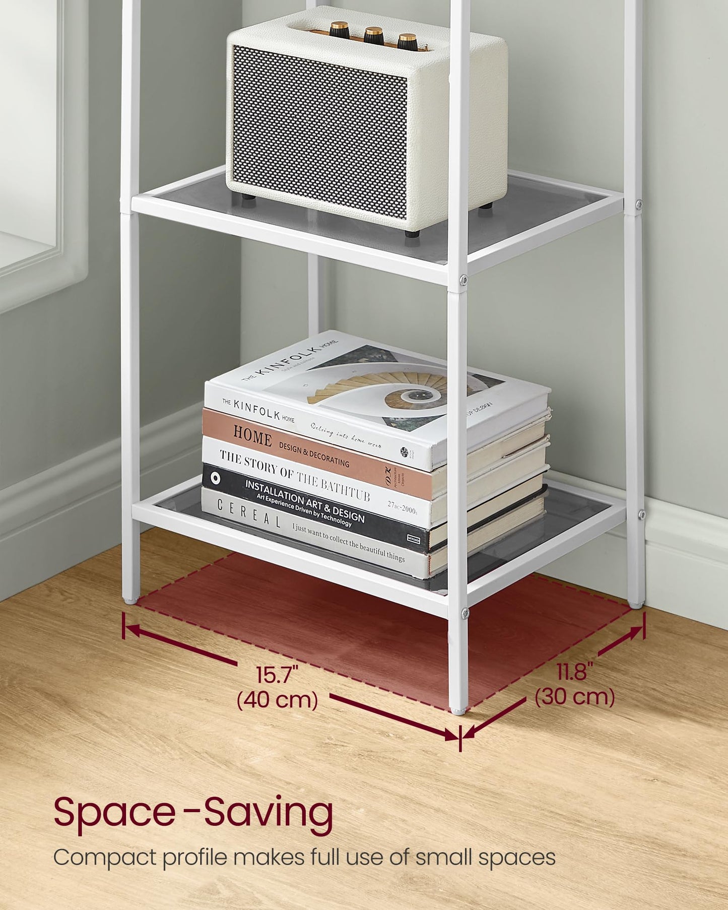 VASAGLE Bookcase, 4-Tier Bookshelf, Slim Shelving Unit for Bedroom, Bathroom, Home Office, Tempered Glass, Steel Frame, Pearl White and Slate Gray ULGT028W01