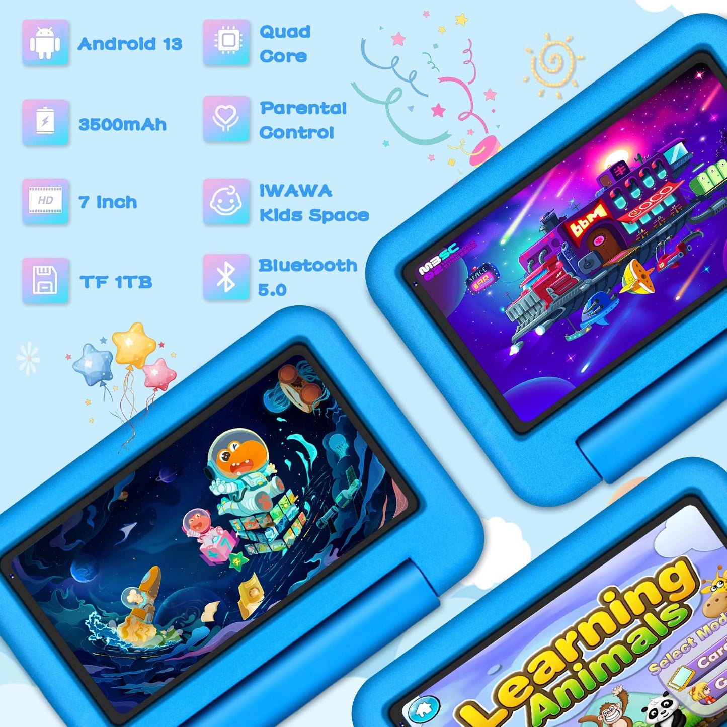 Oangcc Kids Tablet 7 Inch FHD Android 13 Children's Tablet, Wi-Fi 6, Bluetooth 5.0, 7GB RAM+ 64GB ROM (TF 512GB/1TB) | 3500mAh | 1024 x 600 Pixels | Child Proof Eva Case Tablet - Blue