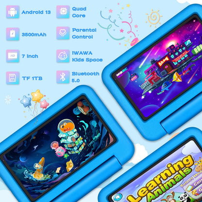 Oangcc Kids Tablet 7 Inch FHD Android 13 Children's Tablet, Wi-Fi 6, Bluetooth 5.0, 7GB RAM+ 64GB ROM (TF 512GB/1TB) | 3500mAh | 1024 x 600 Pixels | Child Proof Eva Case Tablet - Blue