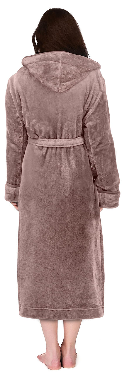 NY Threads Womens Fleece Hooded Bath Robe - Plush Long Robe, Taupe, Small
