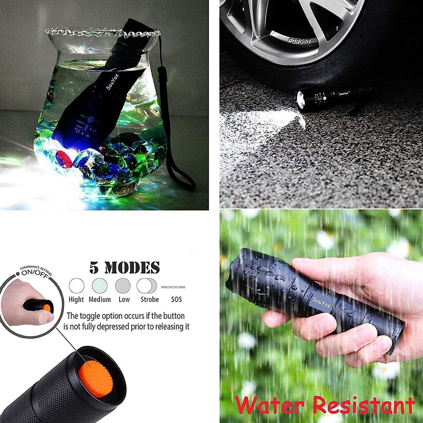 Souyos Military Grade Flashlight 2000 Lumen 5 Modes Water Resistant LED Flash Light (4-Pack)