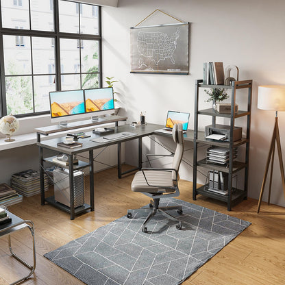 ODK L Shaped Desk with Monitor Stand, 54 Inch Home Office Desks with Storage Printer Shelves, Reversible Corner Gaming Desk with Bookshelf for Bedroom, Grey Oak