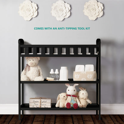 Dream On Me Emily Changing Table In Black, Comes With 1" Changing Pad, Features Two Shelves, Portable Changing Station, Made Of Sustainable New Zealand Pinewood