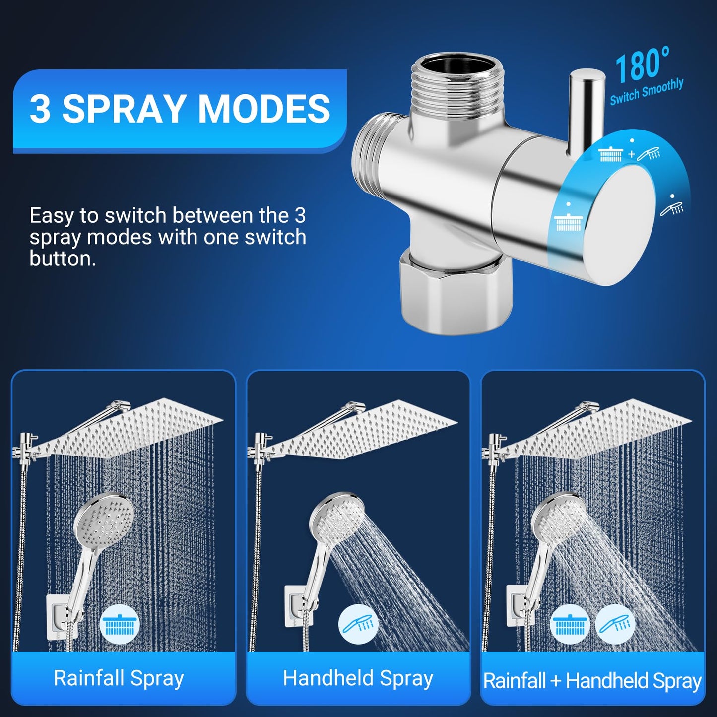 Anysig 10" rain shower head with handheld spray, rainfall shower head with 11" Adjustable Extension Arm, 5 Settings Handheld, Includes Holder/Hose,Built-in Power Wash, Dual Rainfall Shower Head, Chrom