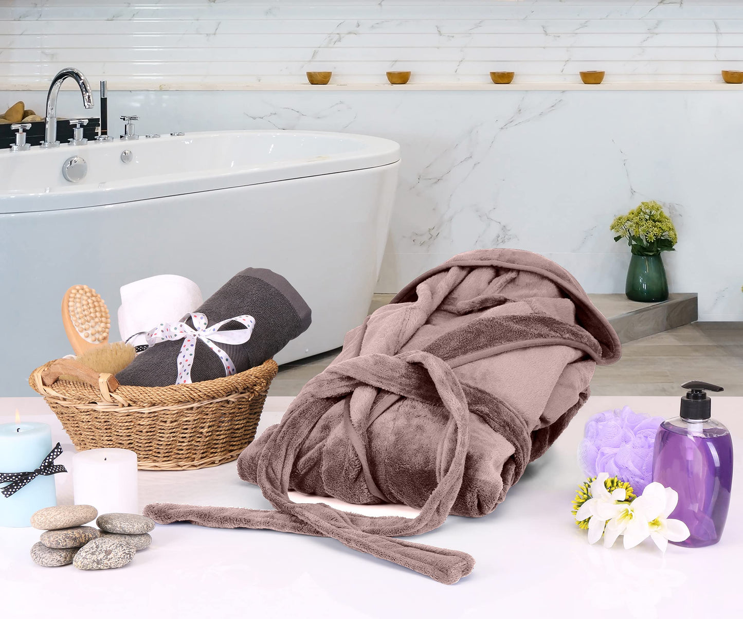 NY Threads Womens Fleece Hooded Bath Robe - Plush Long Robe, Taupe, Small
