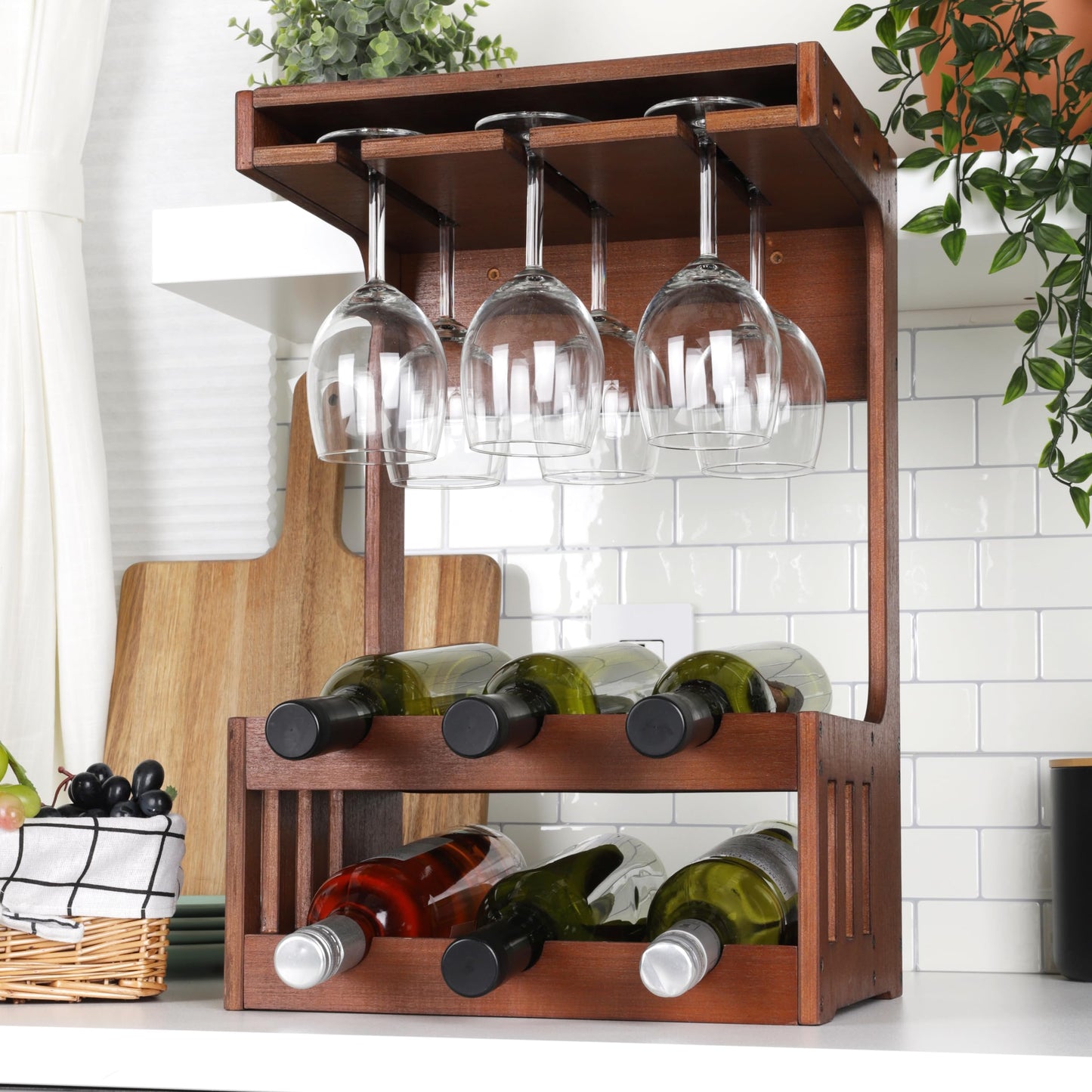 Mind Reader Wine and Wine Glass Rack, Wine Glass Holder, Countertop Bar Organizer, Wood, 13" L x 10.25" W x 20" H, Brown