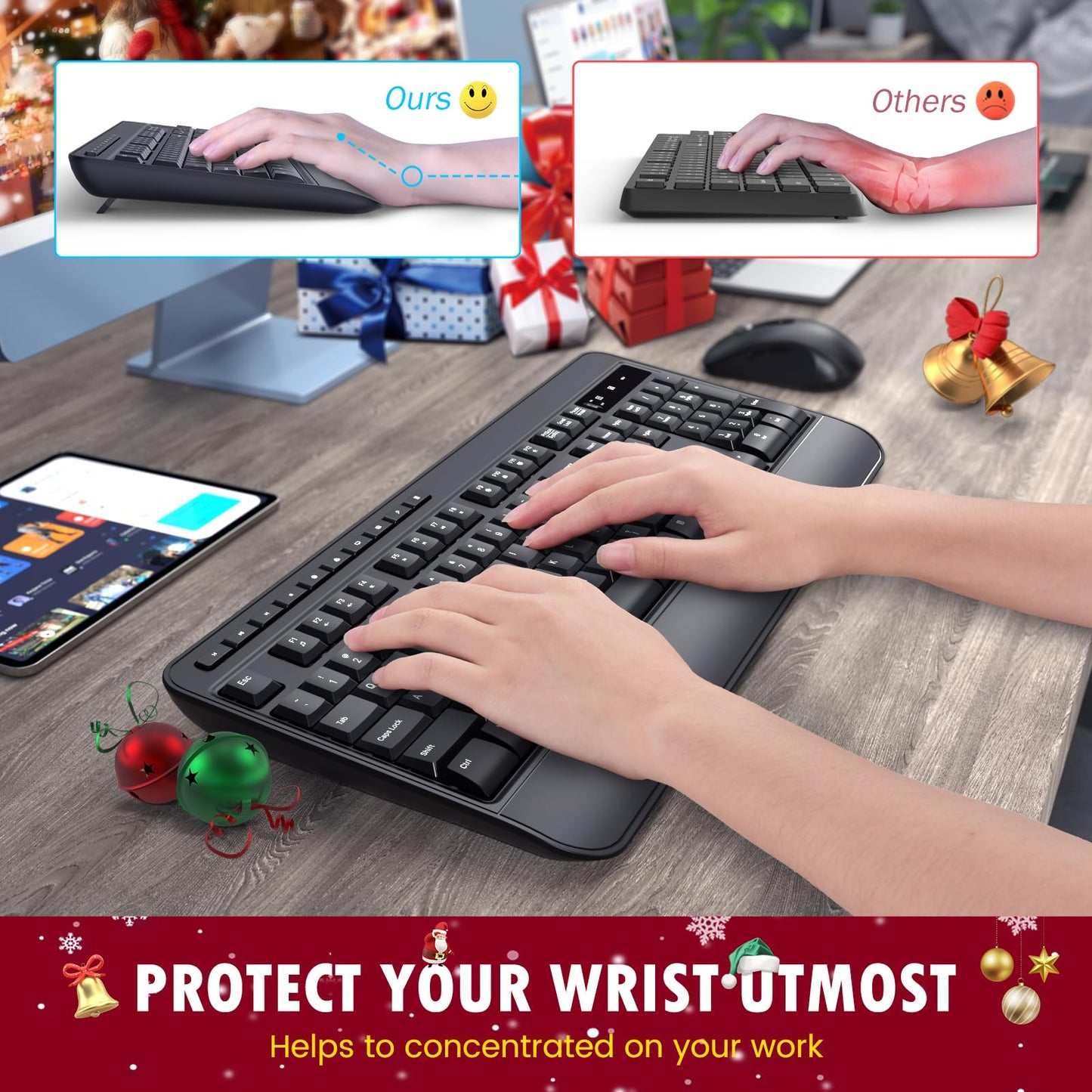 Wireless Keyboard and Mouse Combo, VEILZOR Full-Size 2.4G Ergonomic Computer Keyboard with Wrist Rest, 12+10 Independent Shortcuts, 4-Level 2400 DPI Wireless Mouse for Laptop/PC/Desktop,Windows/Mac OS