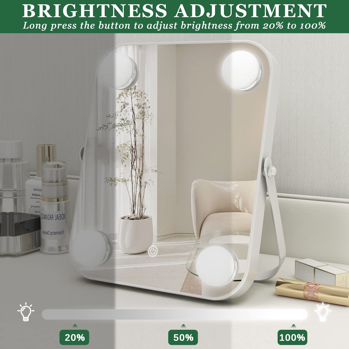 UPDATE: NOW $9.99 ! ROLOVE Vanity Mirror with Lights, Hollywood Makeup Mirror with Light, Lighted Tabletop Makeup Mirror with 4 Dimmable LED Bulbs, Portable Travel Makeup Mirror with U-Shaped Bracket, Smart Touch Control