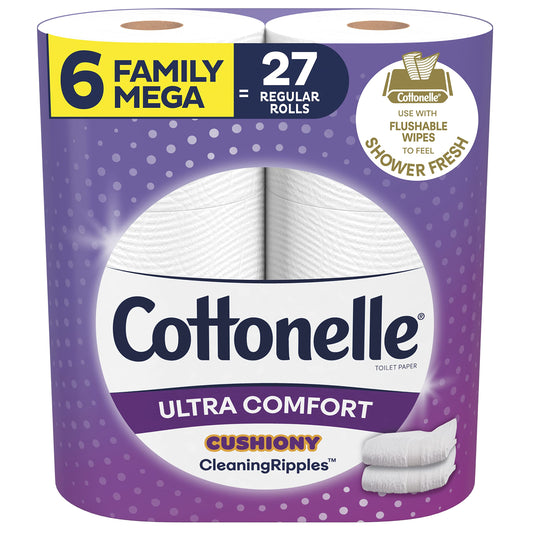 Cottonelle Ultra Comfort Toilet Paper with Cushiony CleaningRipples Texture, Strong Bath Tissue, 6 Family Mega Rolls (6 Family Mega Rolls = 27 regular rolls), 325 Sheets per Roll