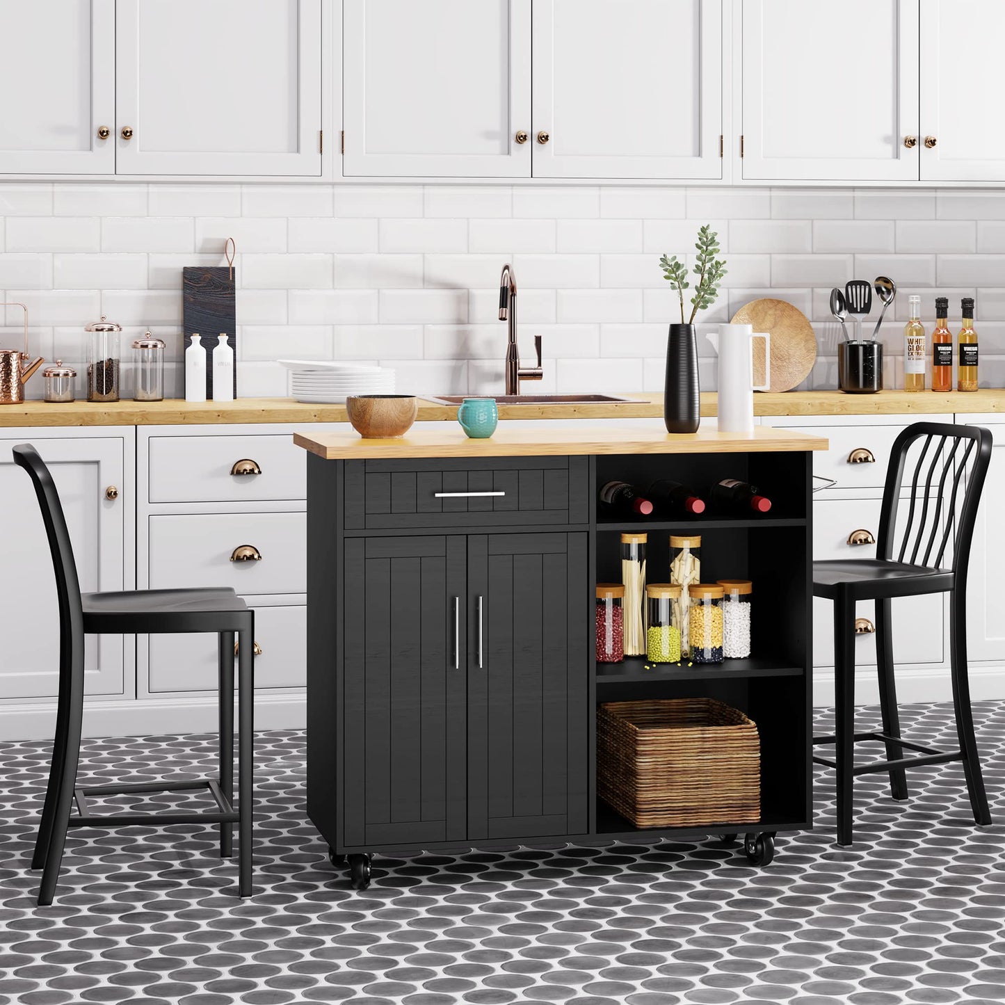 Shintenchi Kitchen Island Cart with Storage,Rolling Kitchen Island Side Table on Wheels with Large Worktop,Storage Cabinet,Towel Rack and Drawers for Kitchen,Dinning Room,Black