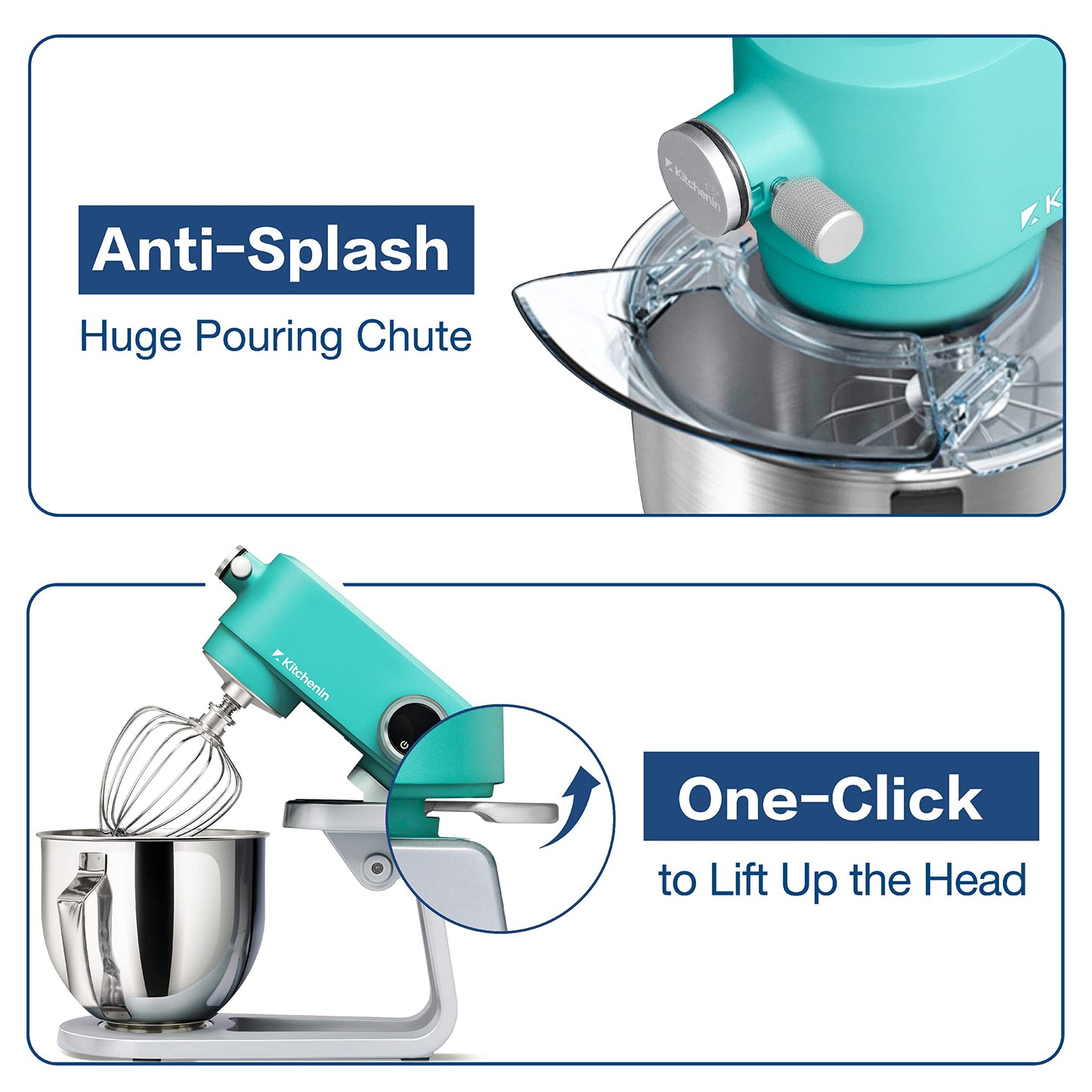 All Metal Stand Mixer,Kitchenin 5.3-Quart 8-Speeds Tilt-Head Food Mixer,400 Watt DC Motor Electric Stand Mixer with 12-Wire Whip,Flat Beater,Stainless Steel Dough Hook & Pouring Shield,Light Blue