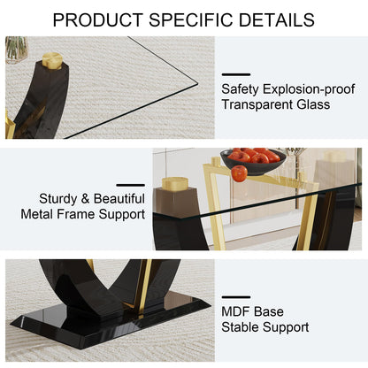 JUFU 63" Glass Dining Room Table Set for 6,Big Modern Rectangular Tempered Glass Dining Table Top Thick 0.39",7 Piece Dining Table with 6 Pcs Leather Dining Chairs