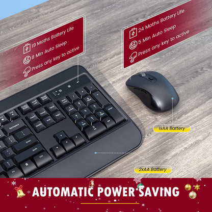 Wireless Keyboard and Mouse Combo, VEILZOR Full-Size 2.4G Ergonomic Computer Keyboard with Wrist Rest, 12+10 Independent Shortcuts, 4-Level 2400 DPI Wireless Mouse for Laptop/PC/Desktop,Windows/Mac OS