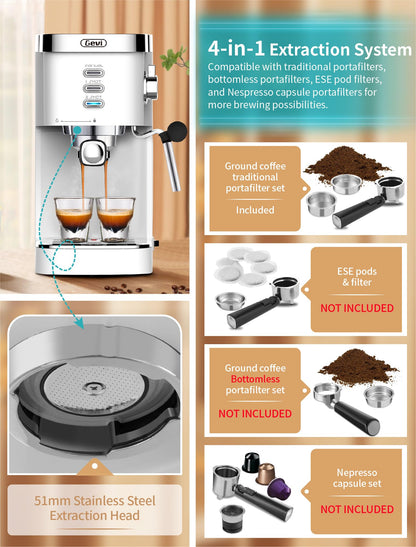 Gevi 20 Bar Espresso Machine, Cappuccino Machine with Milk Frother Steam Wand, Compact Espresso Super Automatic Espresso Machines for home with 34oz Removable Water Tank for Espresso Machines