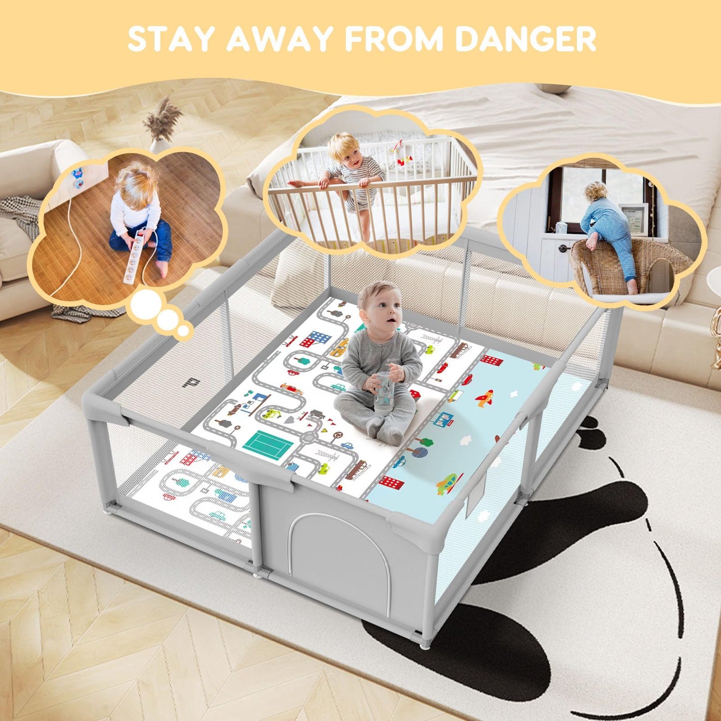 Baby Playpen Baby Playard, Playpen for Babies and Toddlers with Gate, 50x50 Baby Fence, Sturdy Safety Playpen, Indoor & Outdoor Kids Activity Center（with Mat）