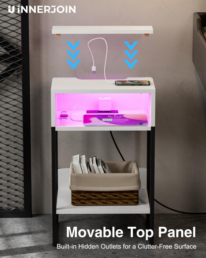 Innerjoin Side Table with Charging Station USB A&C Ports, LED Nightstand with Storage Compartment, Bed Side End Table with Color Charging Light Strip, White