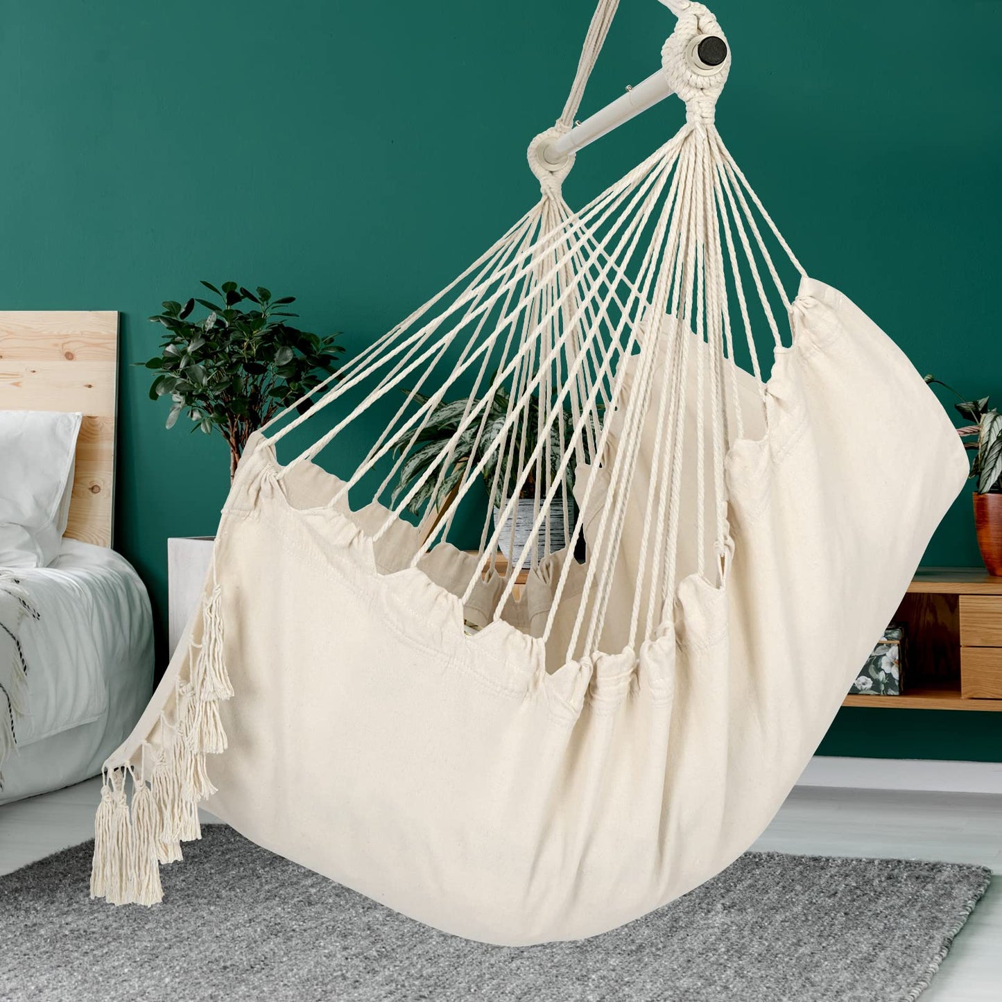 Y- STOP Hammock Chair Hanging Rope Swing, Max 500 Lbs, 2 Cushions Included, Large Macrame Hanging Chair with Pocket for Superior Comfort, with Hardware Kit (Beige)