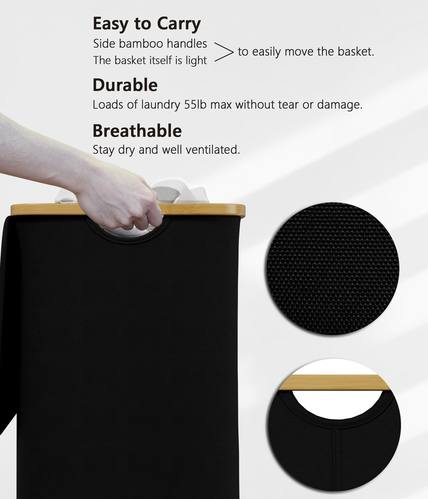 SUOCO Laundry Hamper with Wheels and Lid, 29 Gal (110L) Clothes Basket with Bamboo Handles, Large Foldable Laundry Hamper for Bedroom, Bathroom, Dorm, Laundry Room - Black