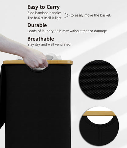 SUOCO Laundry Hamper with Wheels and Lid, 29 Gal (110L) Clothes Basket with Bamboo Handles, Large Foldable Laundry Hamper for Bedroom, Bathroom, Dorm, Laundry Room - Black