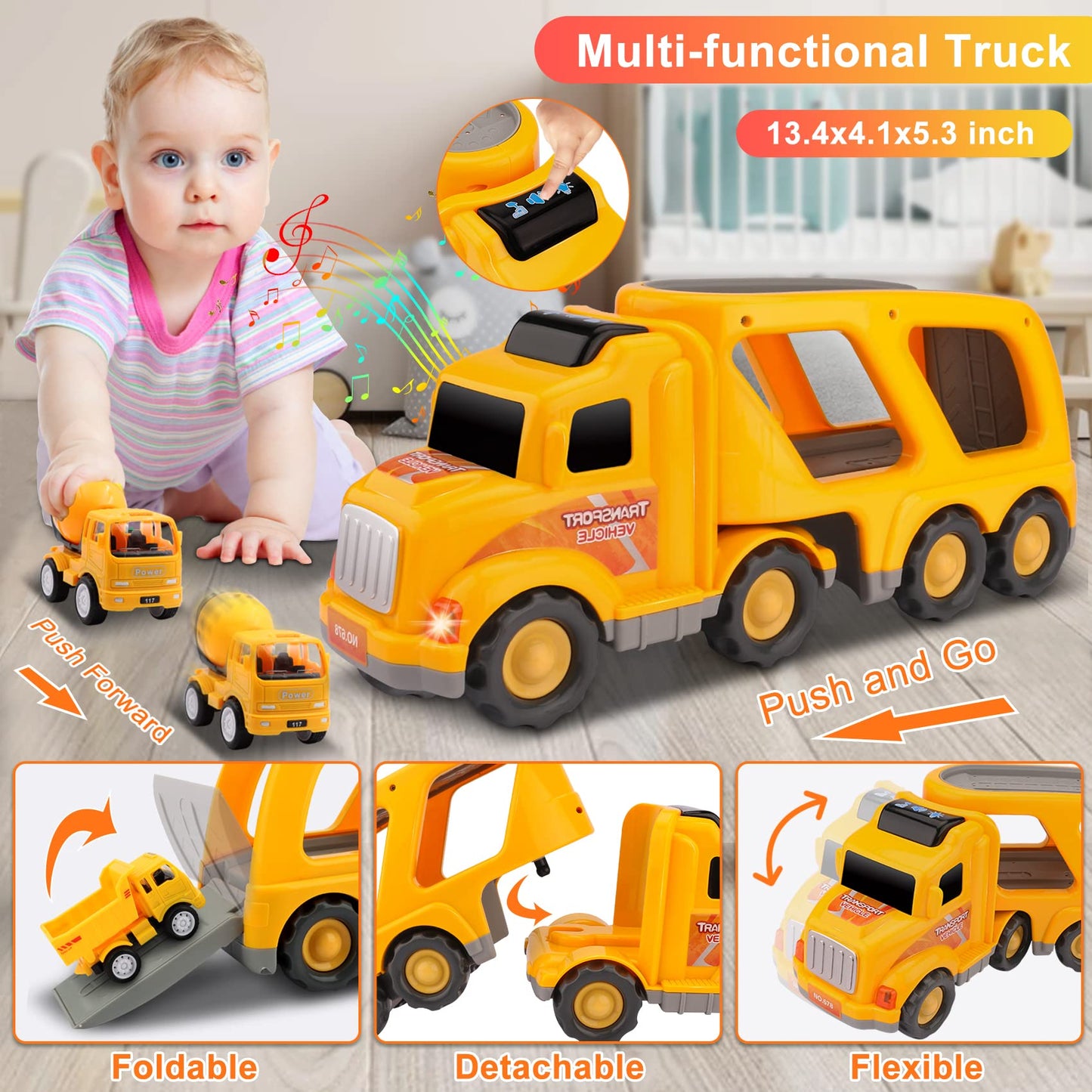 Nicmore Kids Toys Car for Boys: Toy Trucks for 2 3 4 5 6 Year Old Boys Girls | Toddler Toys 5 in 1 Carrier Vehicle Construction Toys for Kids Age 2-3 2-4 3-5 | Birthday Party Boy Gifts for Kids