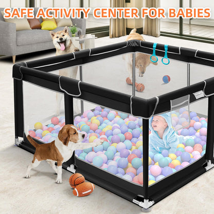 Suposeu Baby Playpen, Sturdy and Safety Playard with Soft Breathable Mesh, Indoor and Outdoor Baby Fence, Portable Playpen for Babies and Toddlers (50 Inch×50 Inch, Black)