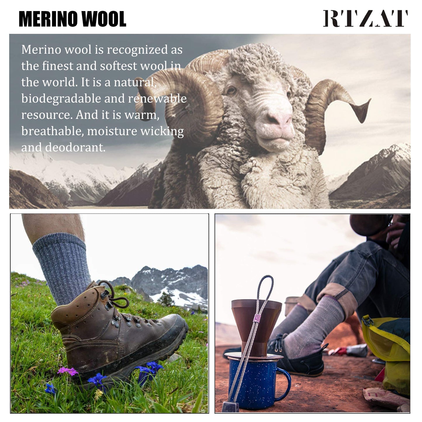 RTZAT Mens 50% Merino Wool Ankle Work Hiking Camping Cushioned Premium Thermal Thick Crew Socks, Medium, 4 Pairs, Black